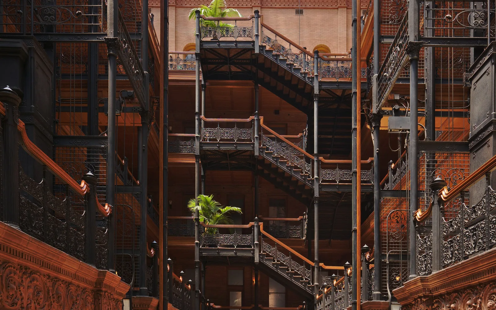 Ironwork and stairways inside the Bradbury Building in Downtown Los Angeles
