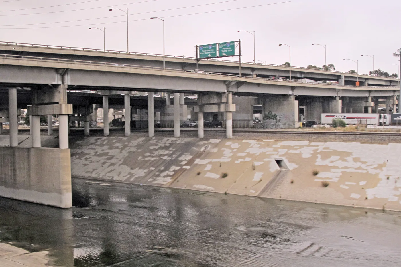 Route 101 bridge crossing the engineered Los Angeles River channel
